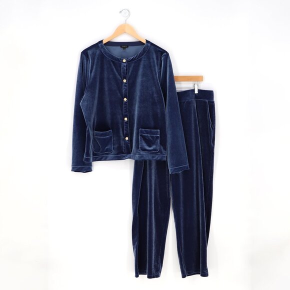 TALBOTS Matching Set Stretch Velvet Cardigan & Straight Leg Pants Blue Size XLP - Picture 1 of 13